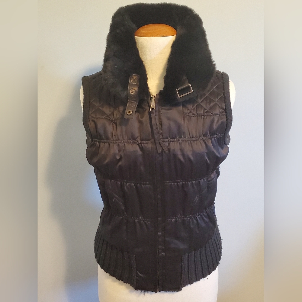 💥✨️ JUNE rabbit Fur/Leather Reversible black Vest - size M/L ✨️💥 - Picture 6 of 9